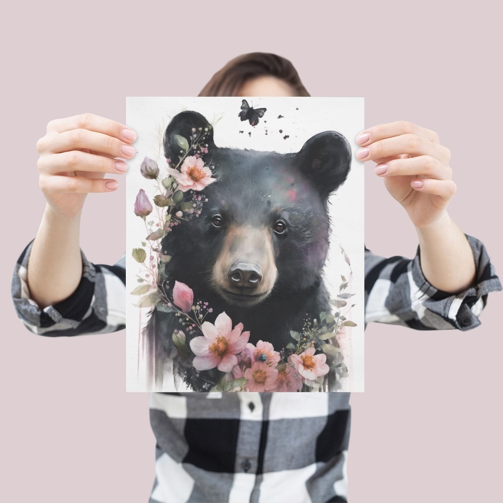 Watercolor Floral Black Bear Portrait Wall Art Illustration Print Unframed - Picture 4 of 6